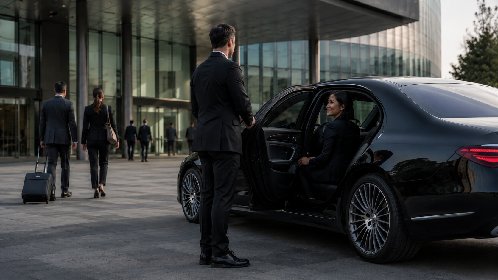 Chauffeur begleitet Messebesucher vom Fahrzeug zum Messegebaeude