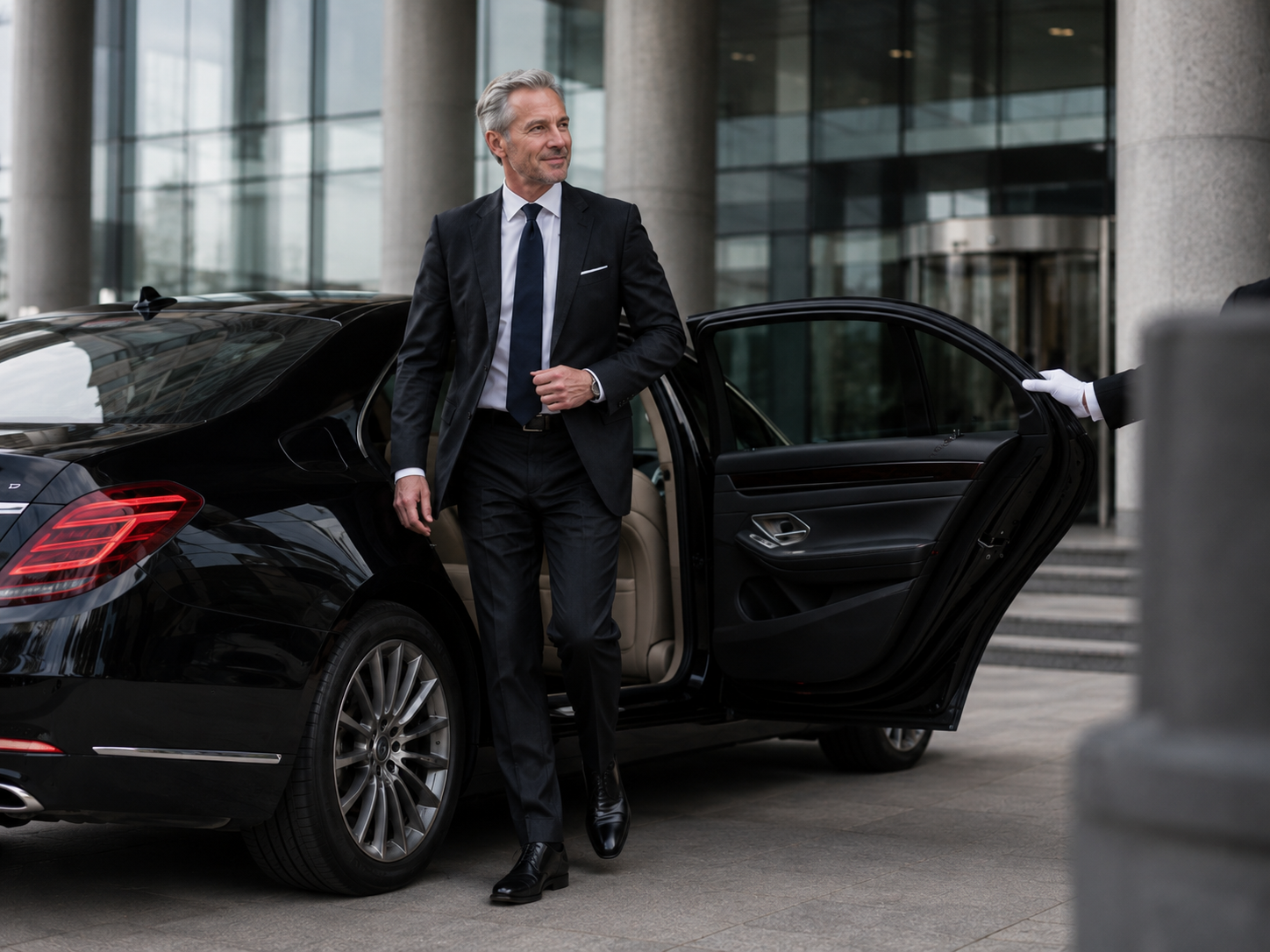 Chauffeur oeffnet die Fahrzeugtuer im Detail