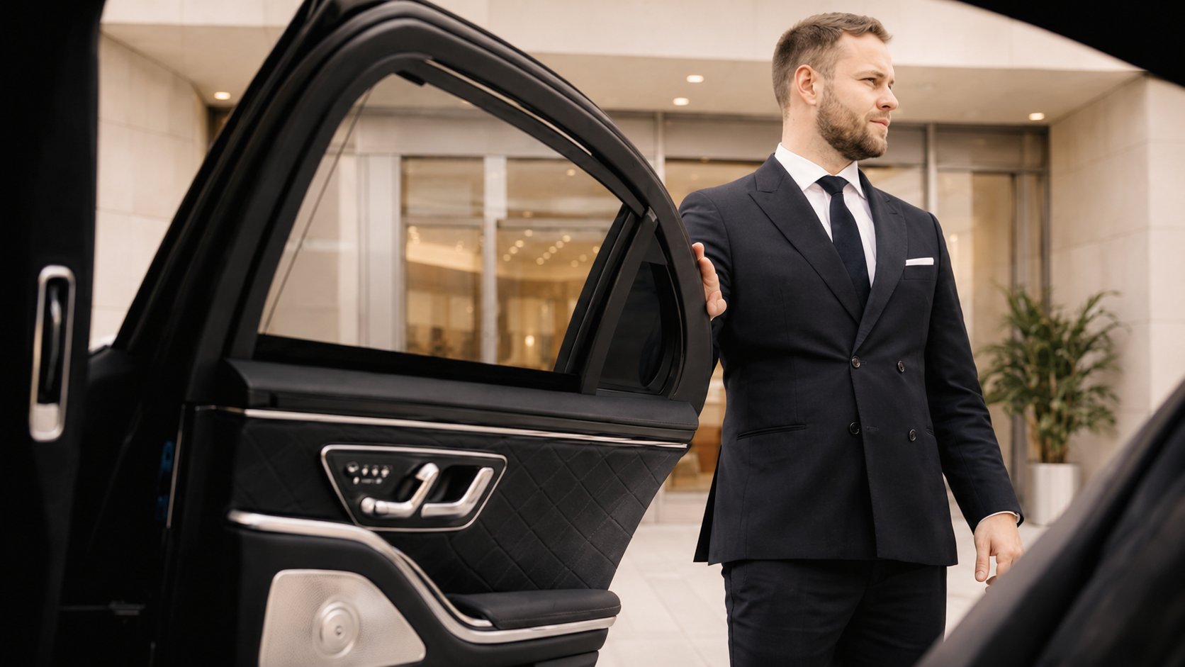 Chauffeur oeffnet die Fahrzeugtuer vor einem Hotel