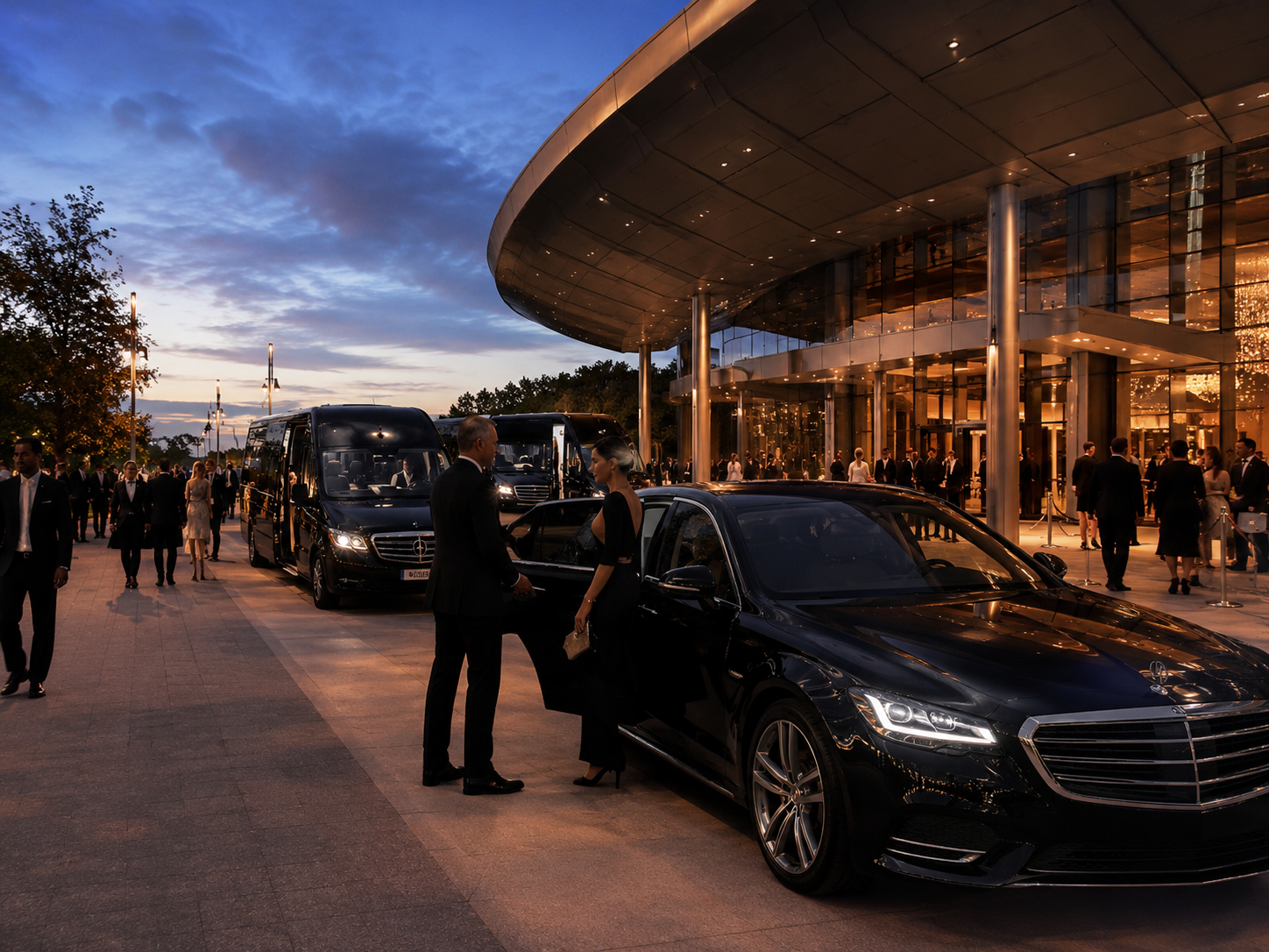 Gast in Abendgarderobe steigt am Abend vor einer beleuchteten Gala-Location aus der Limousine