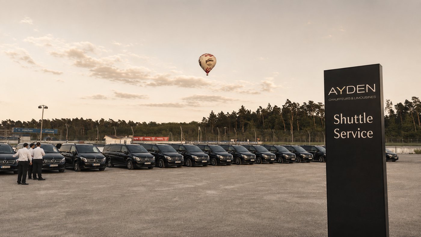 Grosse Fahrzeugflotte mit AYDEN Shuttle Service Schild