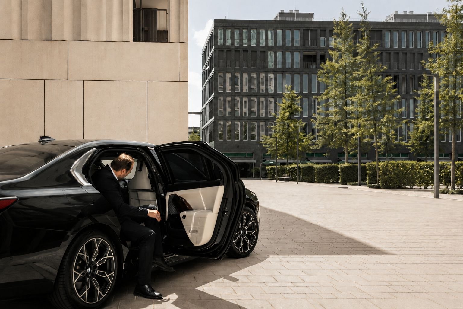 Fahrgast steigt in eine schwarze Limousine vor modernem Buerogebaeude