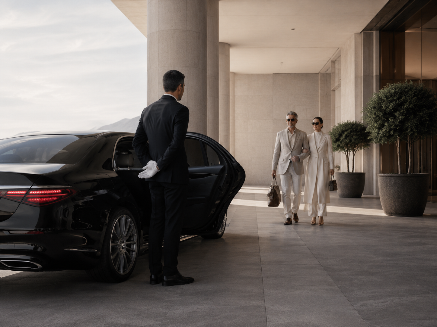 Chauffeur begleitet Gaeste zum Fahrzeug vor einem Hotel