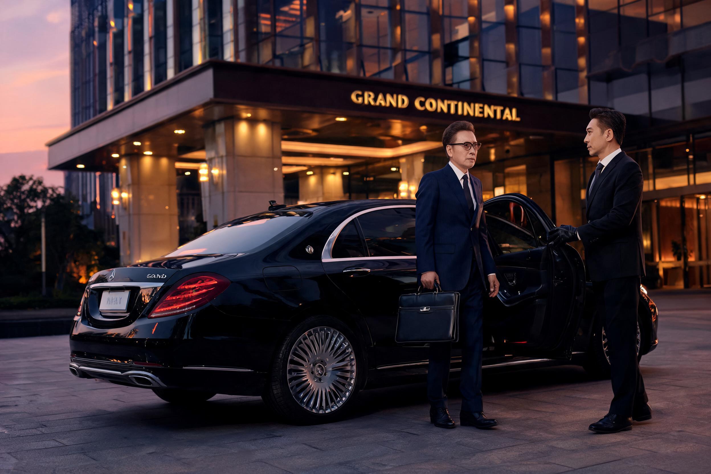 Chauffeur oeffnet diskret die Fahrzeugtuer fuer einen VIP Gast vor einem Hotel